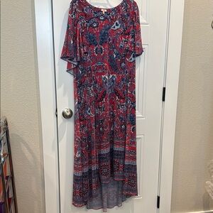Reba Red and Blue Maxi Sundress with Flutter Sleeves